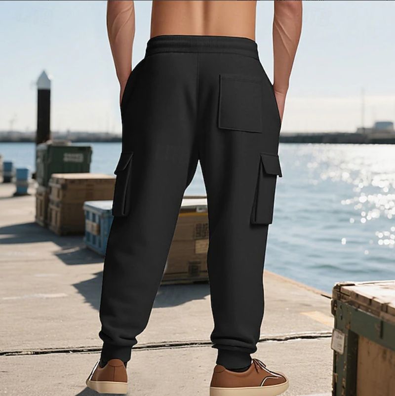 Pantalon de jogging cargo pour homme avec taille élastique et cordon de serrage - Pantalon décontracté multi-poches pour l'entraînement, la course et le quotidien (noir, rouge)_voghion.com