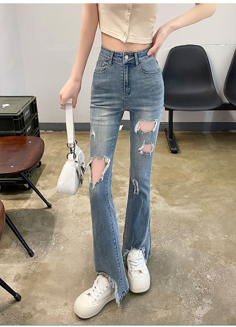 Women's clothing ripped denim bell bottom pants for women spring and summer new elastic small size nine points bell bottom pants trousers_voghion.com