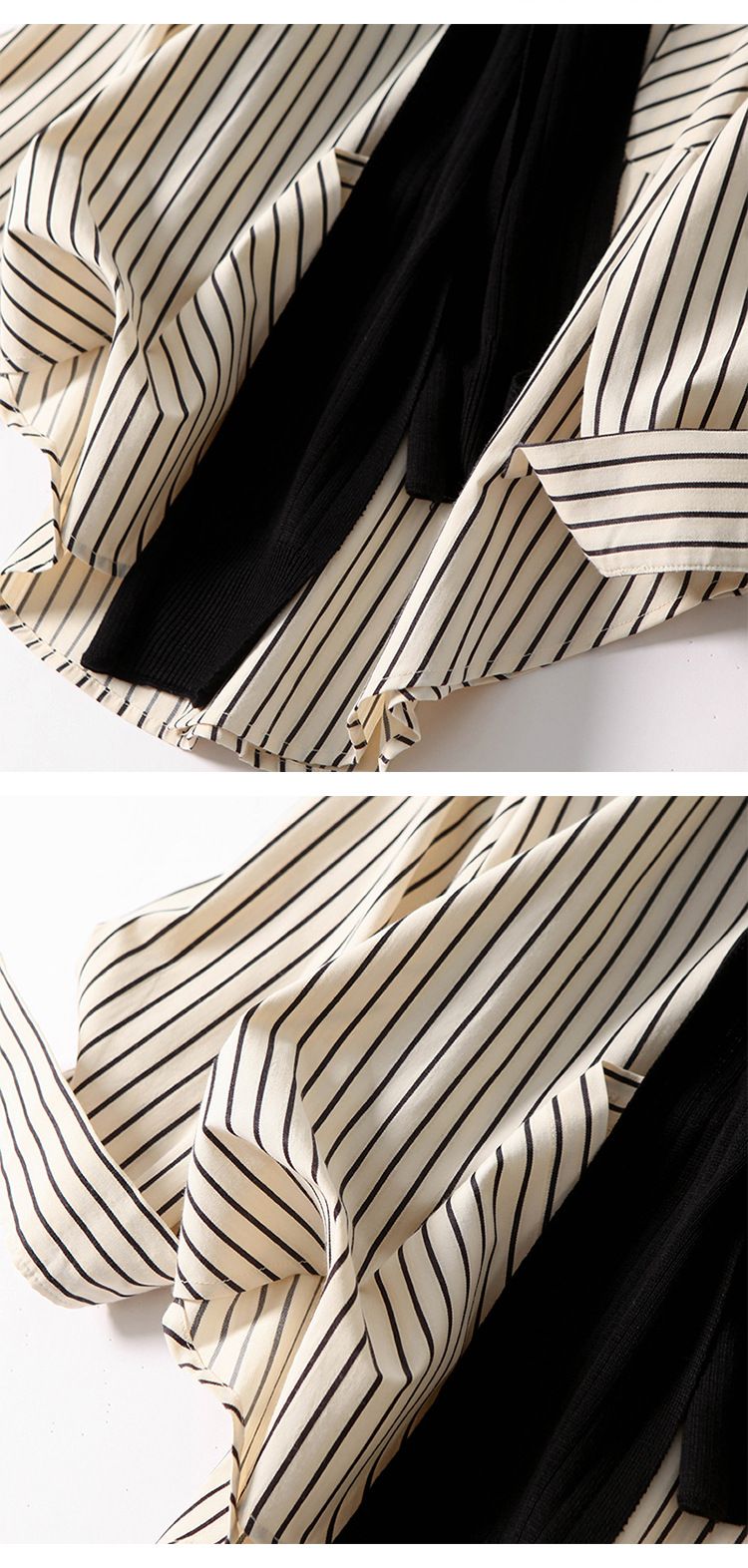 Damenbekleidung: Gestreiftes, bedrucktes Hemd für Damen – lässiges, zweiteiliges Oberteil mit Strickschal, das Sie schlank und jung aussehen lässt_voghion.com