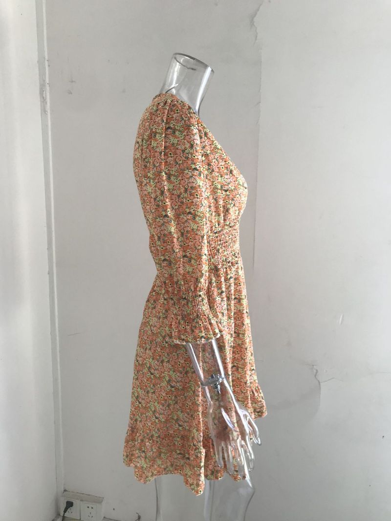 Damenbekleidung Mittellanges Kleid mit Taillenpullover, böhmisches, bedrucktes, kurzärmliges, fragmentiertes Blumenkleid_voghion.com