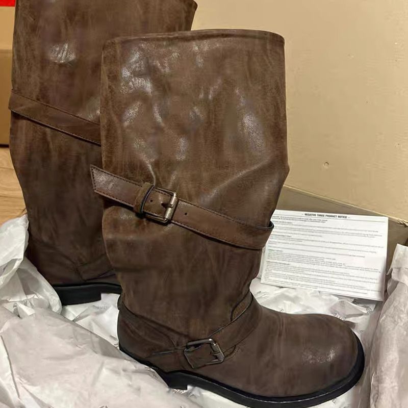 Cowhide Version~Korean Version Wide Tube Color Rubbing Sole Retro High Women's Pile Thick Heel Long Knight Boots_voghion.com