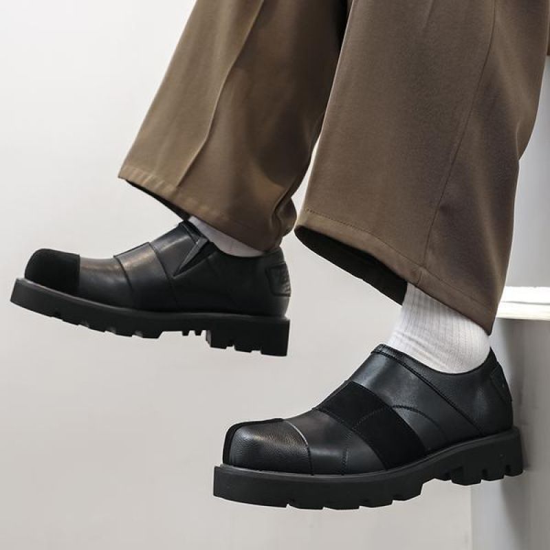 Mocassins en cuir patchwork à bout carré, adaptés à toutes les saisons, chaussures d'été respirantes pour hommes_voghion.com