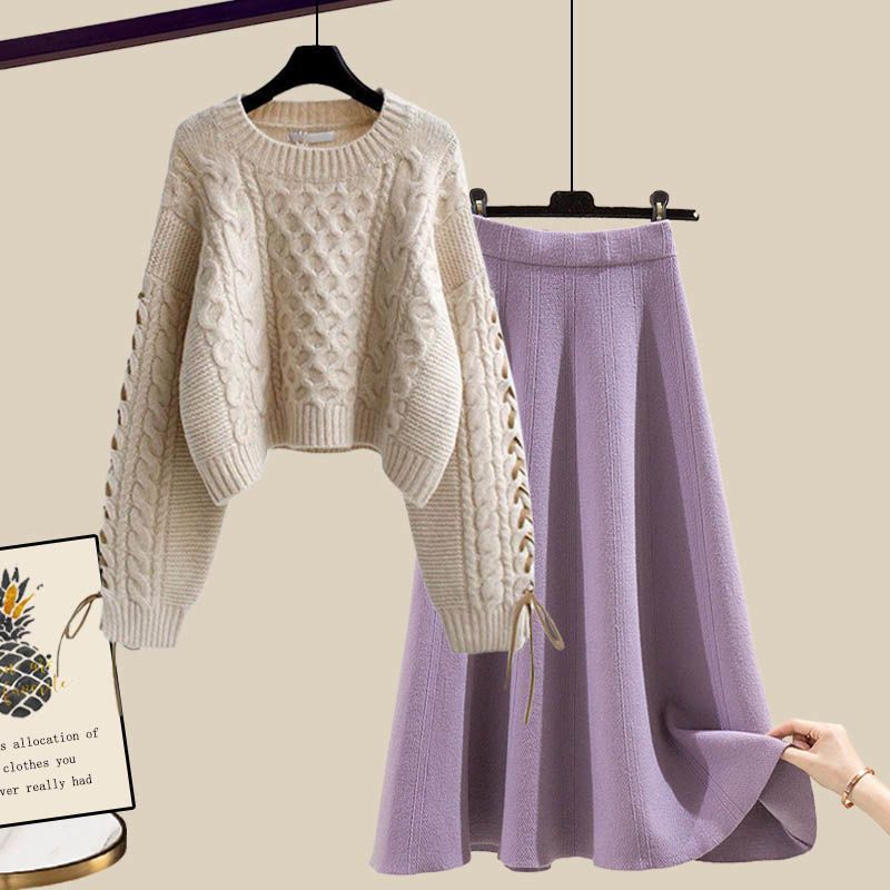 Ropa de mujer, nuevo estilo, suéteres holgados que reducen la edad, cintura alta, falda de largo medio, traje de dos piezas_voghion.com
