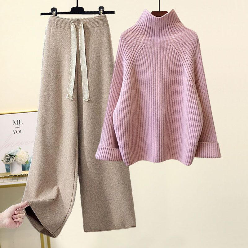 Women's Autumn Knit Sweater & Wide Leg Pants Set - Cozy Oversized Pullover With Flowy Trousers, Casual Loungewear Outfit For Fall_voghion.com