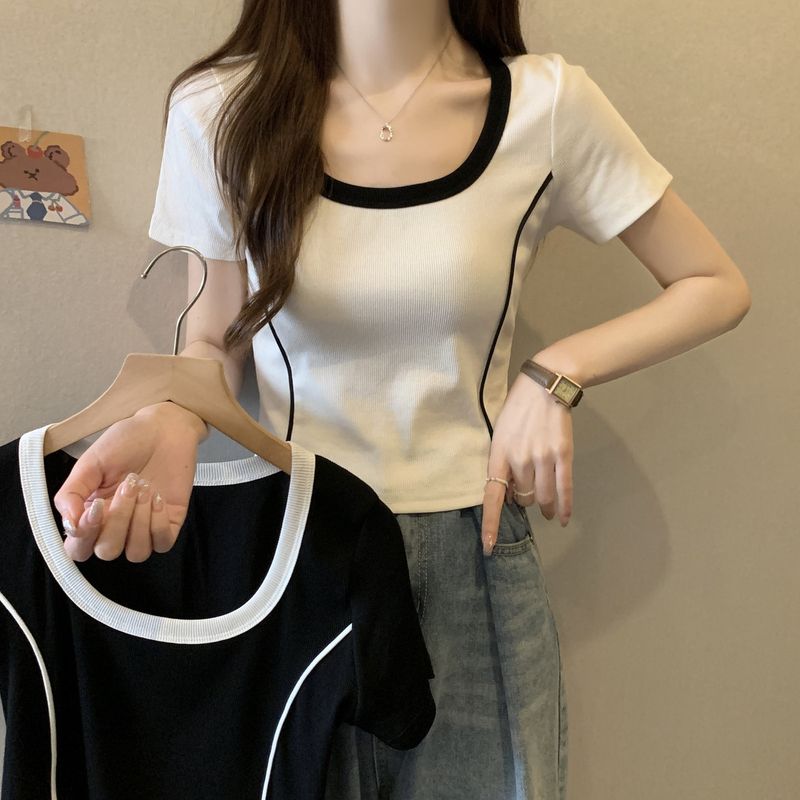 Shoulder sleeved T-shirt for women in summer, unique and chic color blocking, square neck shirt with contrasting colors,_voghion.com