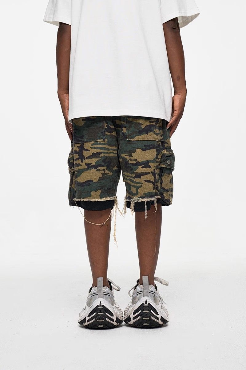 Men's Clothing High Street Washed Raw Edge Distressed Double Layer Retro Workwear Pocket Trendy Camouflage Shorts Summer Shorts Men's Trend_voghion.com