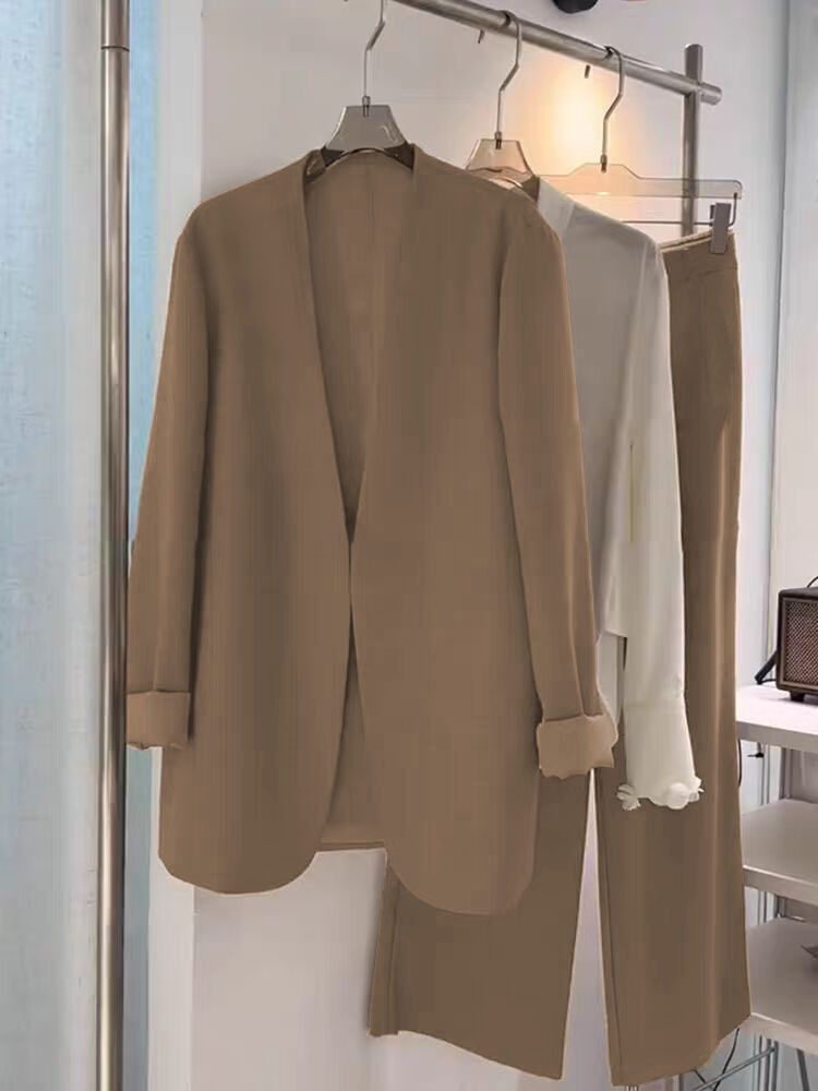 Conjunto de traje de talla grande para mujer, primavera y otoño, holgado, informal, formal, de dos piezas, con pantalones anchos y blazer pequeño._voghion.com