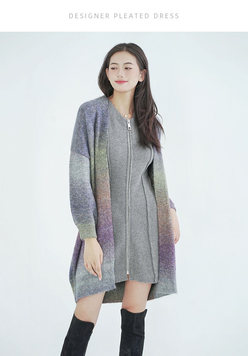 Autumn Winter Wool Knit Cardigan For Women Gradient Color Mid-Length Thickened Sweater Coat_voghion.com
