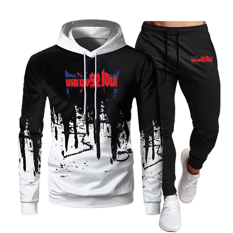 Herbst und Winter Herren-Tank-Free-Buchstabenmuster mit Kapuze, normale Baumwolle, 3D-Patch-Tasche, lässiges weißes Pullover-Set_voghion.com