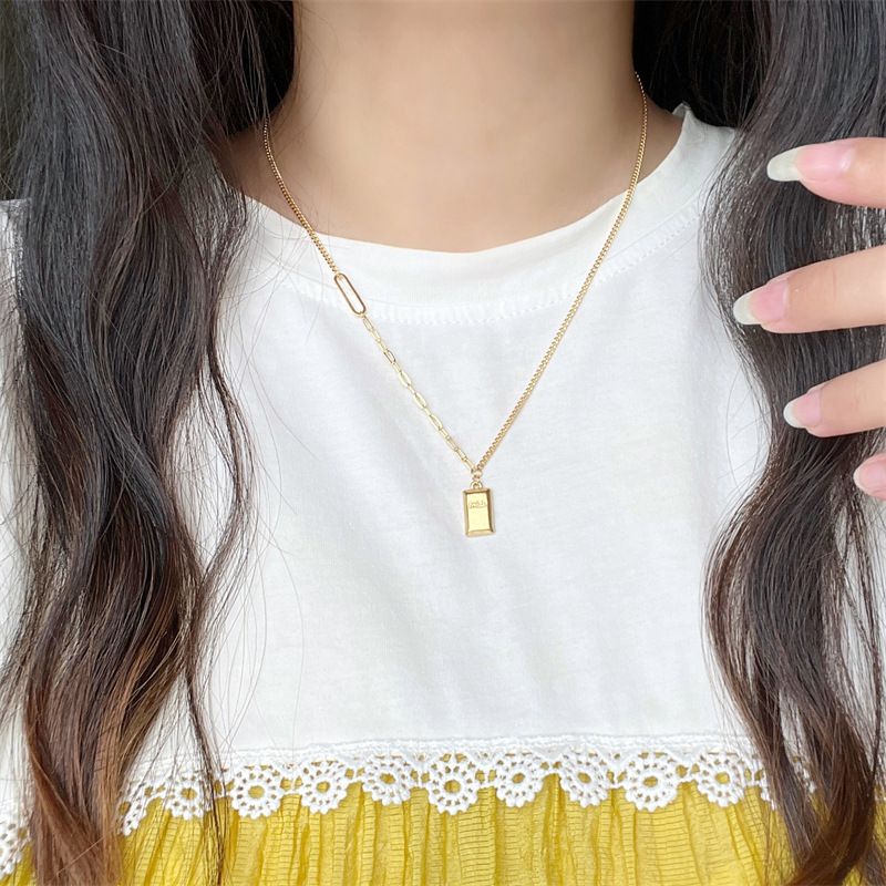 Gold Shop Same Letter Gold Block Shaped Collar Chain Sand GoldSmall Gold Bar Necklace, Women Will Not Fade Color_voghion.com