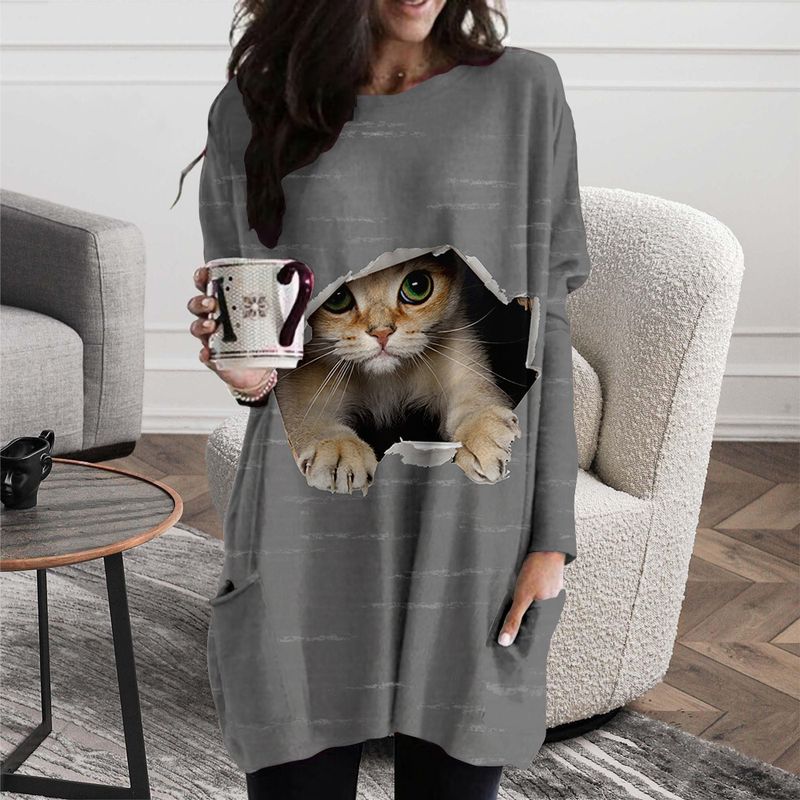 Damenbekleidung, Rundhalsausschnitt, süße Katze, mittelgroß, lockeres Kleid_voghion.com