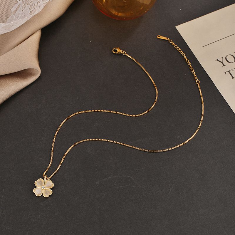 Nuovo collare a catena con fiore a foglia in pietra occhio di gatto, moda, quattro amore, collana in acciaio al titanio oro K da donna, micro intarsiato, piccolo_voghion.com