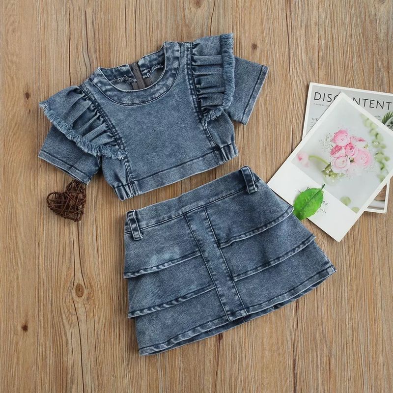 Baby Clothing Girls' dress denim short sleeve ruffled top short skirt two-piece set fashion_voghion.com