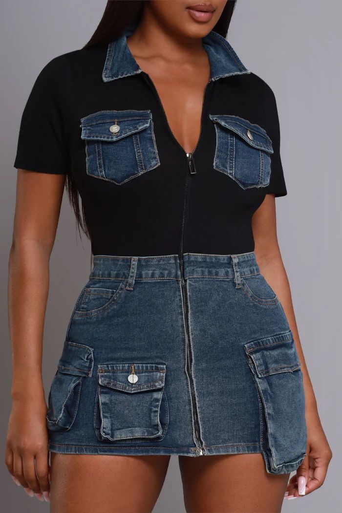 Abito in denim aderente sexy con tasca e cerniera a maniche corte, da donna_voghion.com