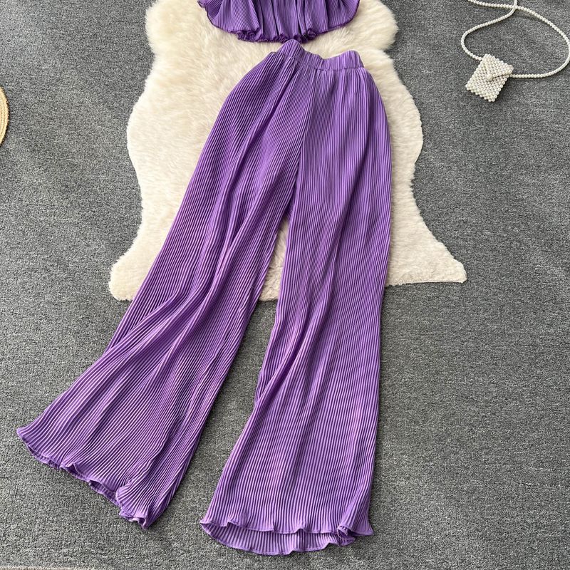 Abito da donna alla moda per donna: gilet pieghettato con scollo all'americana tempestato di diamanti + pantaloni casual a gamba larga a vita alta abito a due pezzi_voghion.com