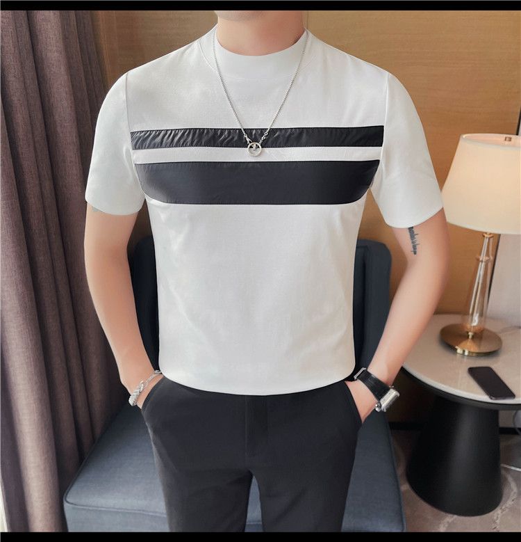 2024 Summer New Men's Short-sleeved T-shirt Chest Patch Contrasting Color Men's Elastic Half-sleeved Bottoming Shirt Round Neck Tide_voghion.com