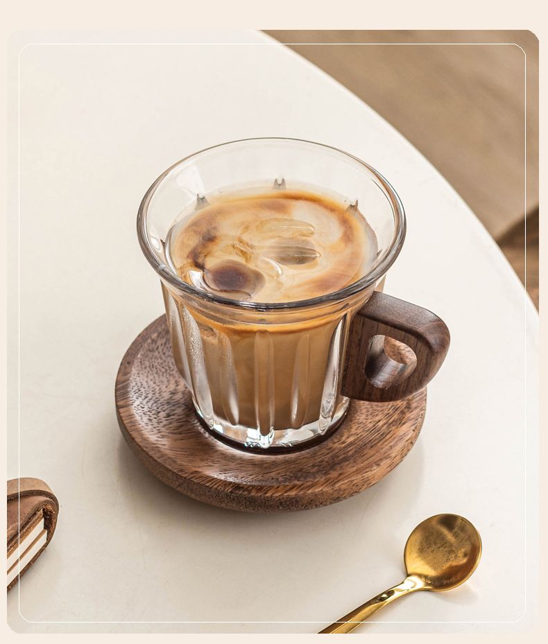Cross-Border Hot Selling Preferred Glass Coffee Set With Wooden Handle Holder Insulated Cup Wholesale_voghion.com