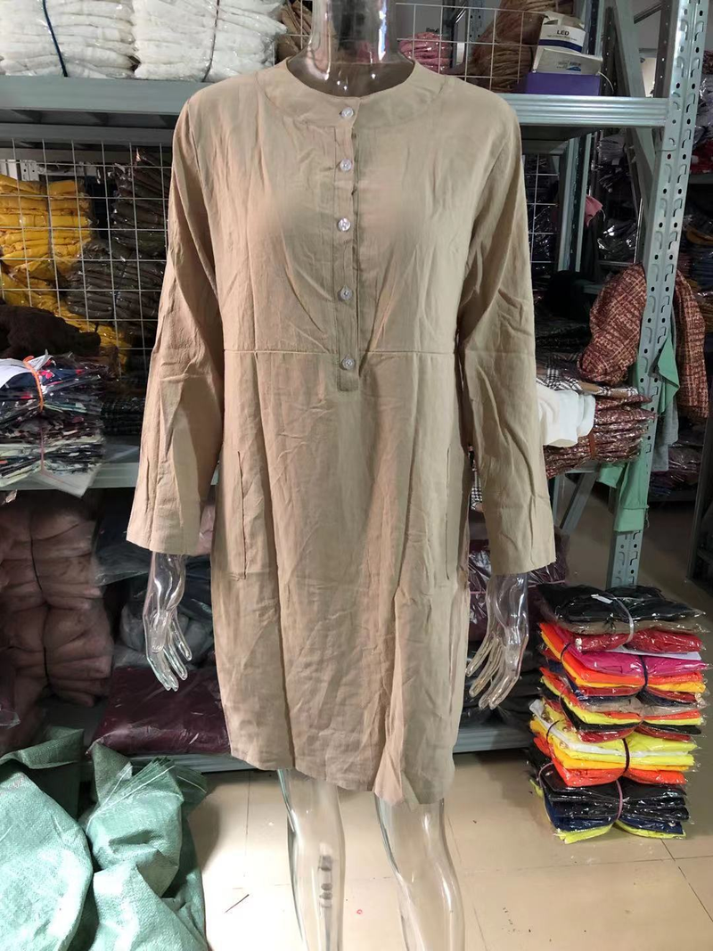 Abito da donna in cotone e lino con scollo rotondo e maniche lunghe_voghion.com