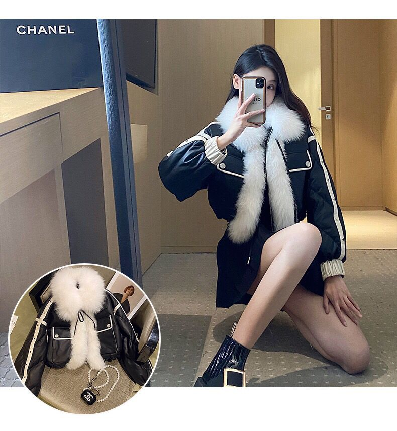 Abrigo de algodón negro para mujer, chaqueta Bomber con cuello de piel sintética ligera, Parka corta acolchada de algodón de piel sintética para invierno_voghion.com