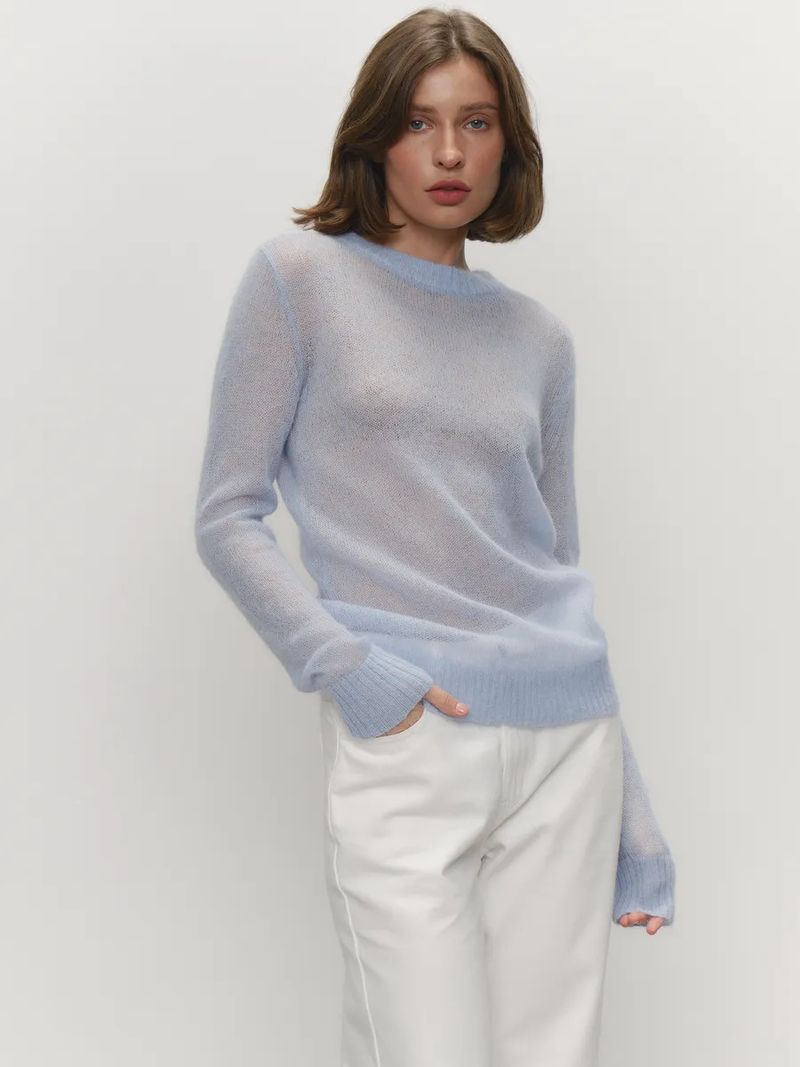Maglia leggera da donna - Maglione oversize trasparente con scollo rotondo nei colori pastello (cachi, rosso, bordeaux, giallo, menta, azzurro, caramello, rosa)_voghion.com