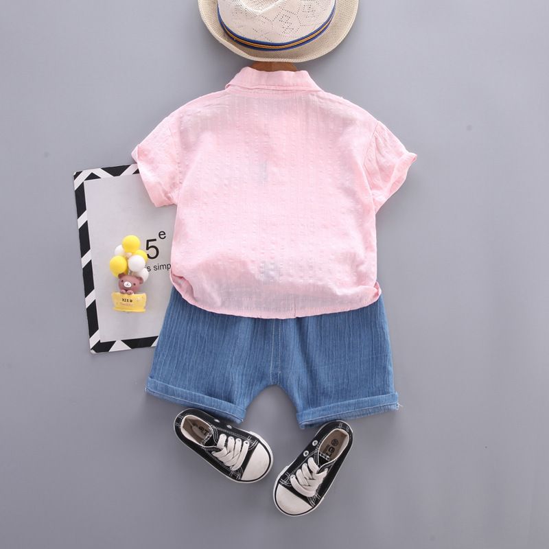 Children's thin men's lapel short sleeved summer casual children's single breasted shirt two-piece set_voghion.com