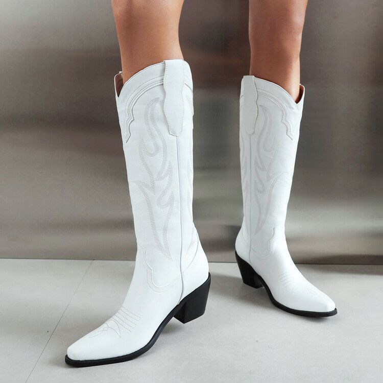 Botas de moda bordadas, salto médio pontudo, botas de cavaleiro femininas plus size_voghion.com