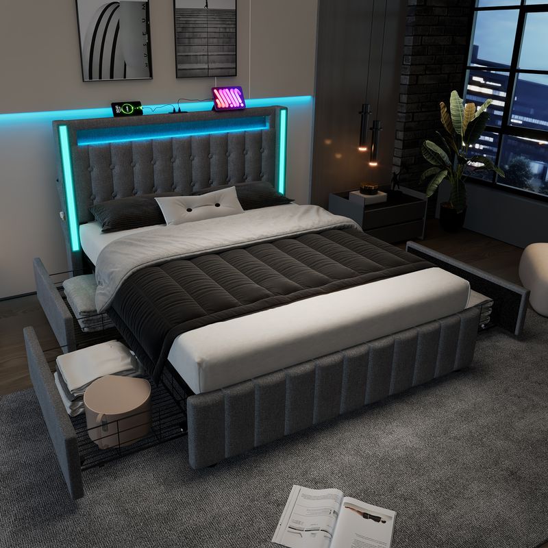 Lit double avec rangement et lattes en bois, chargement USB Type-C, éclairage LED et 4 tiroirs, gris (matelas non inclus). Lit enfant 140 x 200 cm._voghion.com