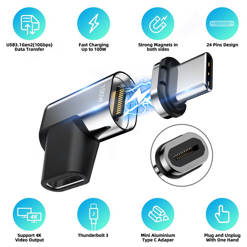 USB3.1 magnetiline USB-C adapter 10Gbp PD 100W kiirlaadimisega C-tüüpi pistik, andmete sünkroonimine, 24-pinniline 4K@60Hz magnetiga USB-C adapter_voghion.com