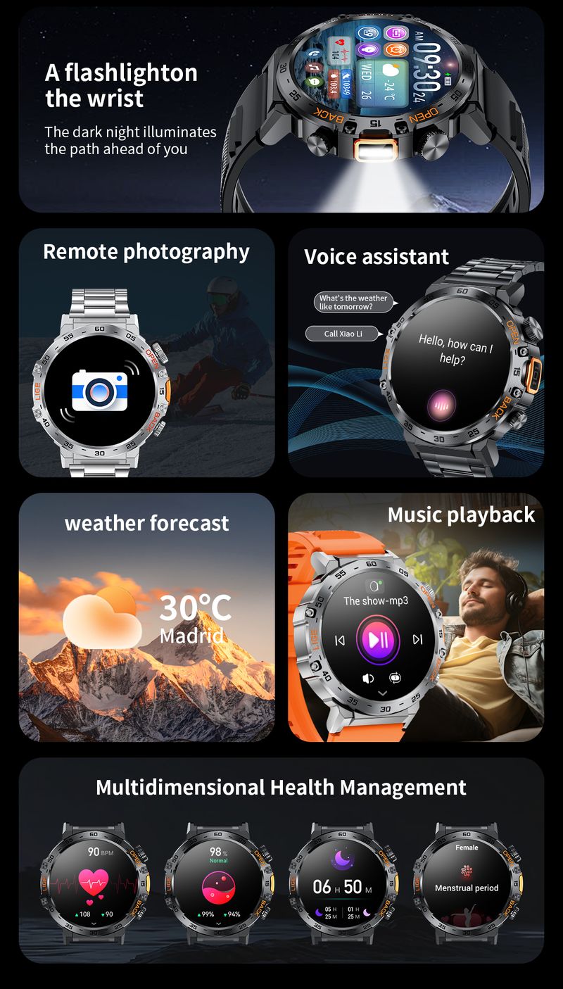 2025 LED Flashlight Smart Watch Military Watches SOS Bluetooth Call Waterproof Health Monitor Sport Smartwatch For_voghion.com