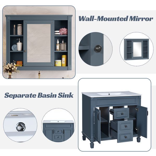 36'' Bathroom Vanity With Top Sink, Royal Blue Mirror Cabinet, Modern Bathroom Storage Cabinet With 2 Soft Closing Doors And 2 Drawers, Single Sink_voghion.com