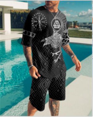 Kurzarm-T-Shirt-Set für Herren mit Rundhalsausschnitt, lässiges T-Shirt und Shorts im 3D-Druck „König der Löwen“-Design, Kordelzug-Shorts, Streetwear
_voghion.com