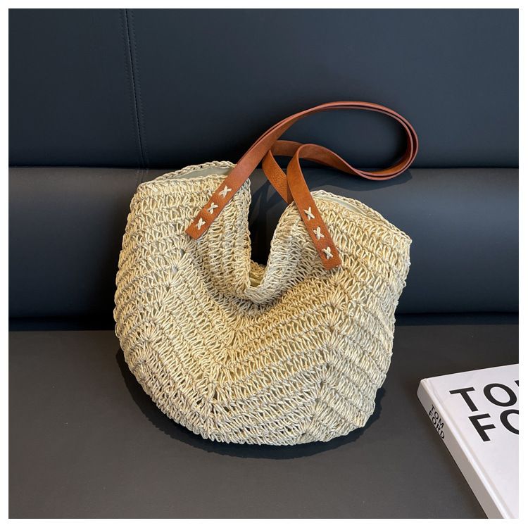 Borsa di paglia Borsa intrecciata Borsa di paglia intrecciata Mori Borsa da spiaggia per donna Borsa da spiaggia intrecciata Borsa a tracolla singola di grande capacità_voghion.com