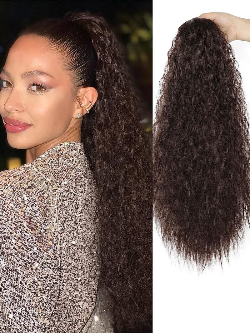Braune lange Kordelzug-Verbundhaarverlängerung mit 61 cm geradem Dutt und Clip für Damen-Pferdeschwanz_voghion.com
