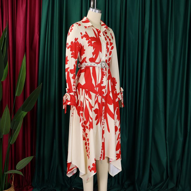 Damen Sommer neues langärmeliges bedrucktes Revers unregelmäßiges lockeres übergroßes Kleid_voghion.com