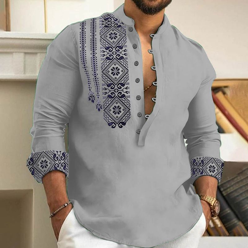 2025 Herren Kunst Bedruckt Neue Mode Frühjahr Und Herbst Langarm Leinen Hemd Taste Bequeme Stoff Street Trend_voghion.com