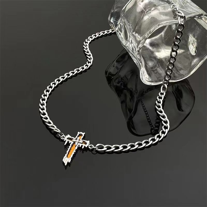 Titanium Steel Cuba Thick Chain Cross Cold Style Men's Necklace Niche High-end Women's Hip-hop Collarbone Sweater Chain_voghion.com