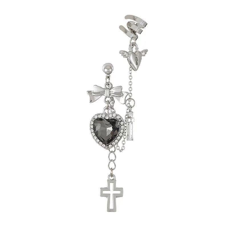 Orecchini a forma di cuore con croce in metallo punk gotico scuro per donna, gioielli con clip per orecchini a catena_voghion.com