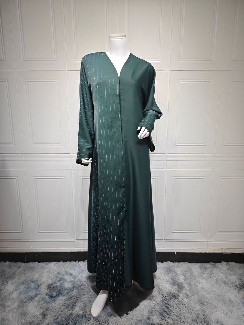 Elegantes muslimisches Abaya-Kleid – schlichter langärmeliger Kaftan mit versteckten Knöpfen und verzierten Details (Dunkelgrün, S-XXL)_voghion.com