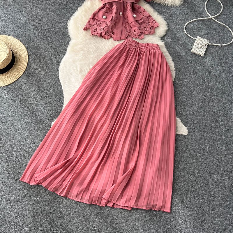 Kadın Giyim Moda Yaka Kısa Kollu Bel Üstü Yüksek Bel Pileli Etek İki Parça Set_voghion.com