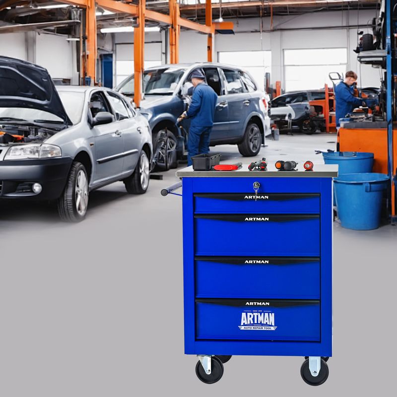 4 Drawers Multifunctional Tool Cart With Wheels,Metal Rolling Tool Cart Storage For Garage Workshop Warehouse Repair Shop--With Stainless Steel Roof- BLACK&BLUE_voghion.com