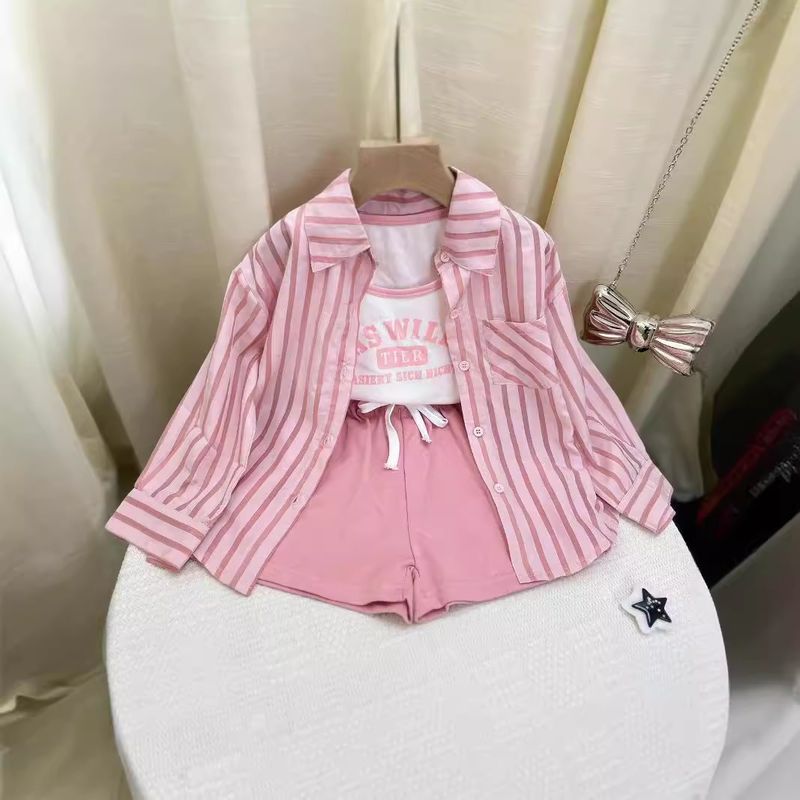 Kid's Clothing 2024 early autumn new girls' casual striped sunscreen shirt stylish vest shorts three piece set_voghion.com