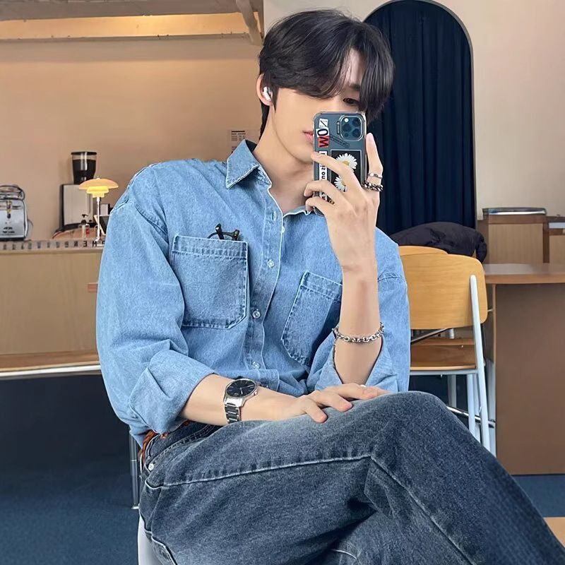 Giacca da uomo in denim alla moda in stile coreano primavera autunno 2025, a maniche lunghe, ampia e versatile, casual_voghion.com