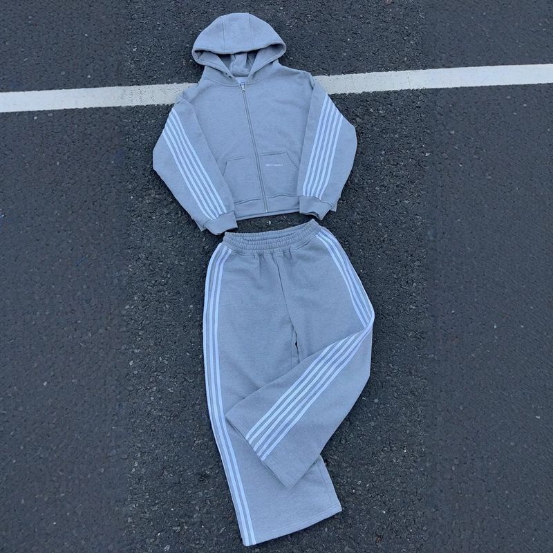 Hip-hop Trendy Brand HCW Striped Embroidered Zipper Hooded Sweater Sweatpants Two-piece Casual Suit_voghion.com