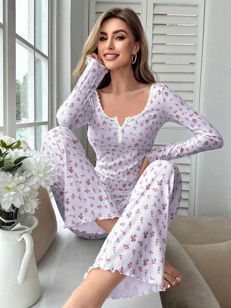 Ensemble de pyjama côtelé pour femme - Pyjama sexy à manches longues et col en V (2 pièces) pour toutes les saisons_voghion.com