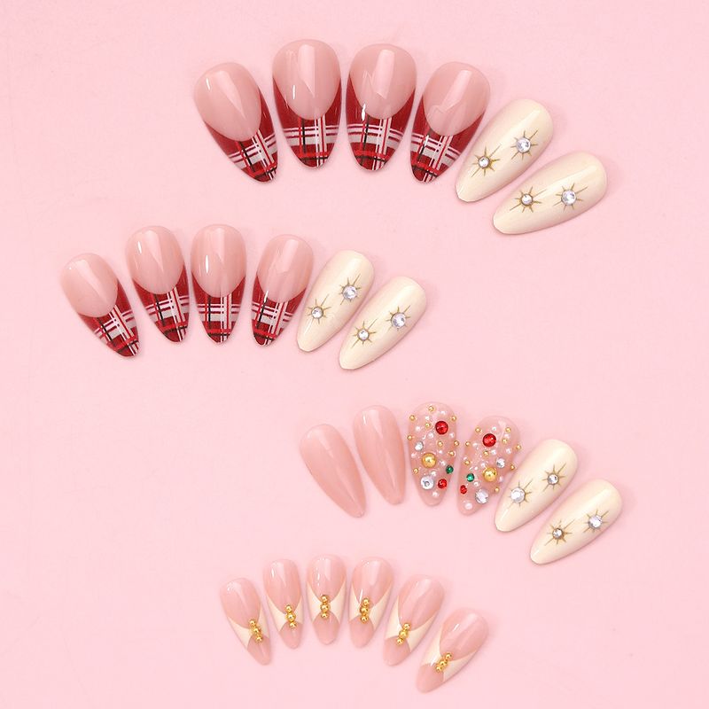 Consigli indossabili per Natale, unghie scintillanti multistrato con motivo a quadri rossi di alta qualità e mandorla francese, adesivi per unghie_voghion.com