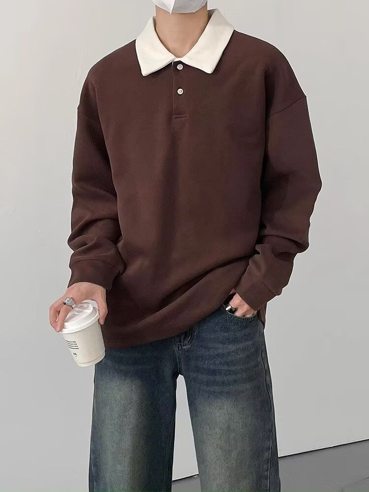 Men’s Retro Color-Block Polo Sweatshirt – Long Sleeve, Loose Fit, Embroidered Collar, Fall Casual (M-3XL, Brown Stripe)_voghion.com
