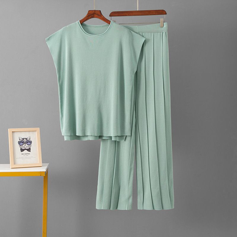 Damenbekleidung, gestrickter Freizeitanzug, ärmellose Weste, Pullover, Hose mit weitem Bein, zweiteiliger Anzug_voghion.com