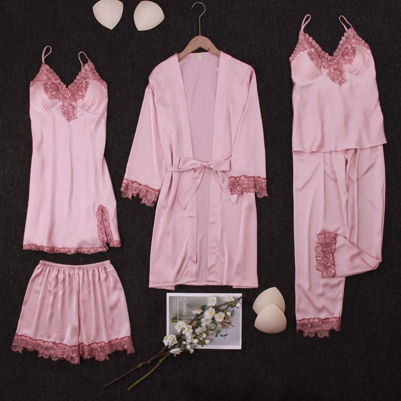 Yaoting Satin Chiffon Pyjamas Frauen Frühling und Sommer fünf Stück Eis Seide Sommer sexy Spitze Gürtel Brustpolster Hause Kleidung Herbst_voghion.com