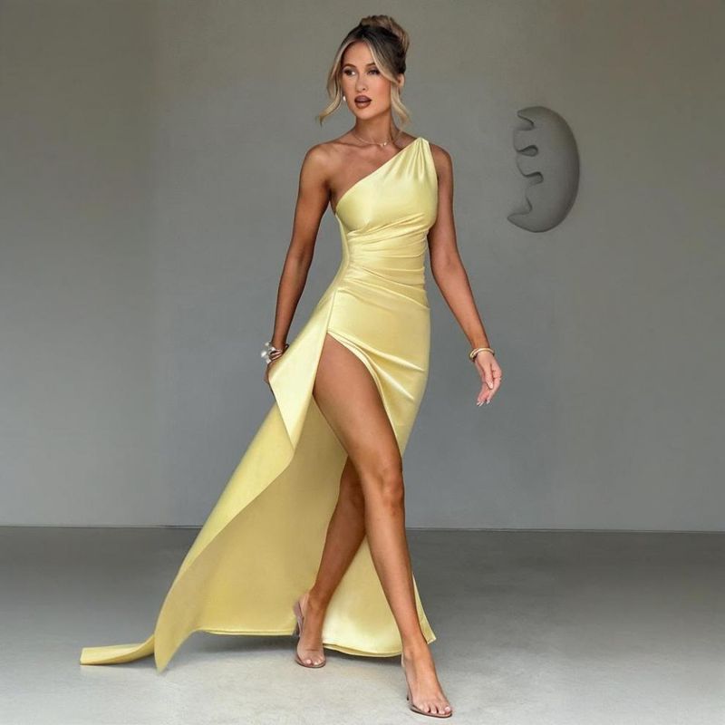 Elegante abito aderente senza maniche con scollo a V per donna – Abito da sera sexy a trapezio con spacco alto, in poliestere elasticizzato e spandex, colori gelato_voghion.com