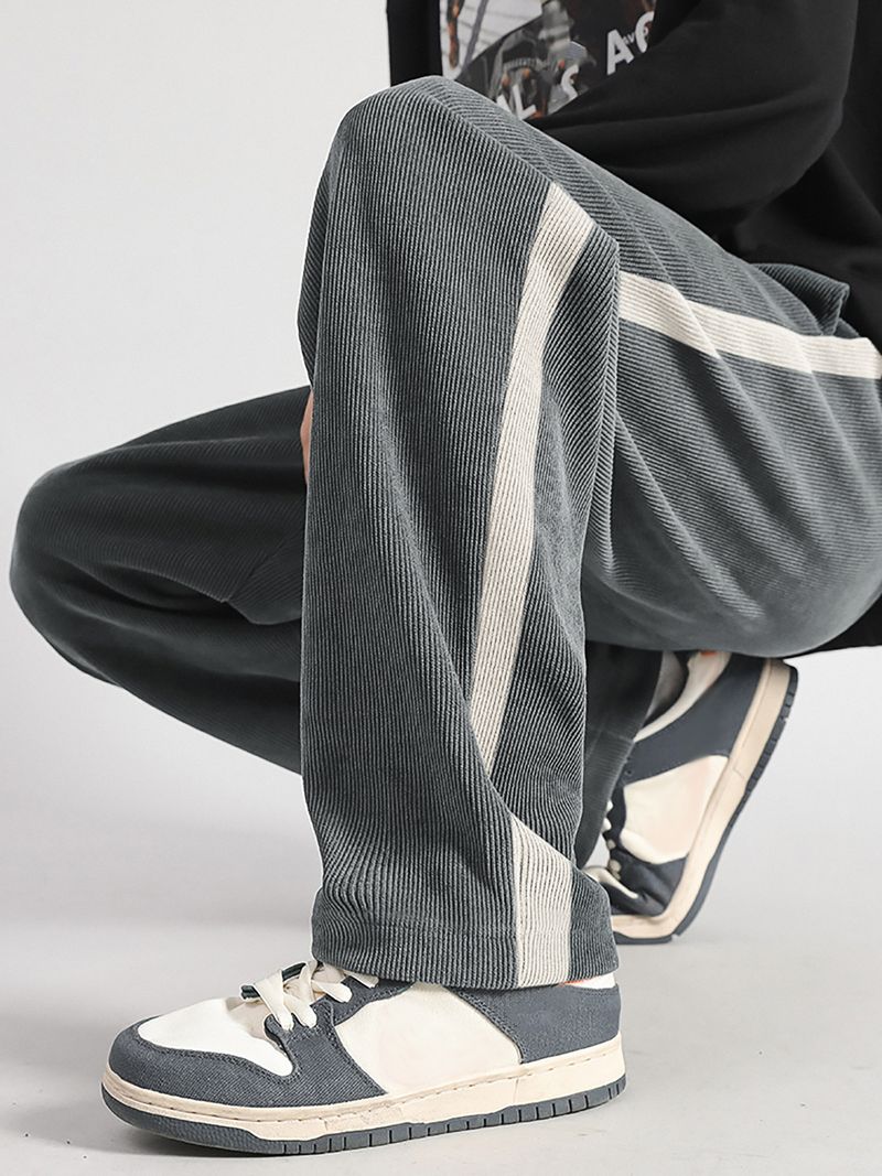 Cordhose mit Streifen für Herren – Lockere, gerade Passform, High Street Style (Schwarz, Cremeweiß, Dunkelgrau, S-XXL)_voghion.com